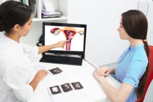 Gynecologist explains to a woman about a disease of the uterus 300x200 1